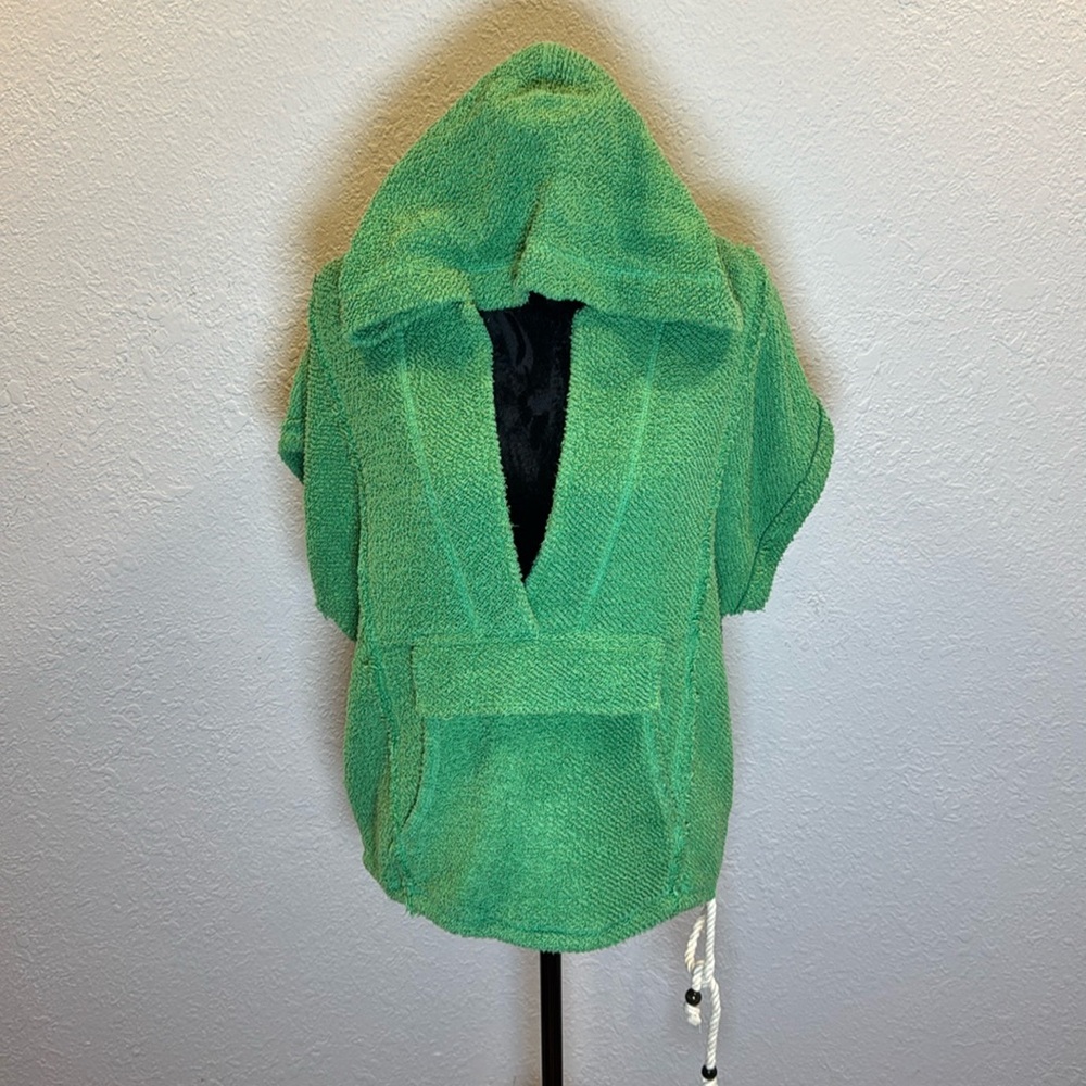 Free People Green Hooded V-Neck Short-Sleeve Sweater